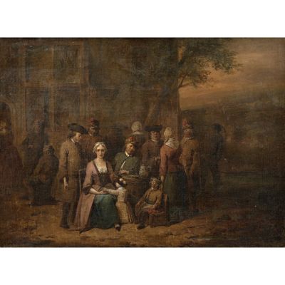 un tableau représentant un groupe de personnes réunies autour d'une table dans un cadre boisé