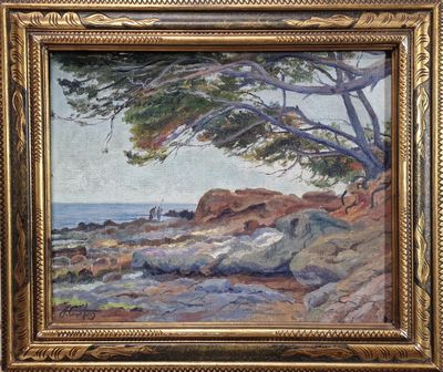 an oil painting of rocks and trees on a rocky beach
