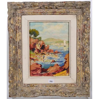 un tableau représentant une scène de plage avec un voilier sur l'eau