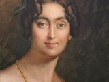 an oil painting of a woman in a black dress with a gold chain around her neck