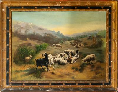 a painting of a herd of sheep in a field