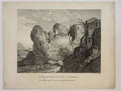 an old engraving of a castle on a cliff with a man standing in front of it