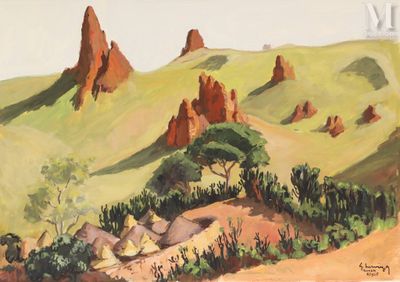 un tableau représentant un paysage de montagne avec des rochers et des arbres