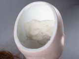 a white vase with a hair ball in it