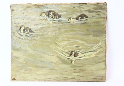 un tableau représentant un groupe de canards nageant dans l'eau