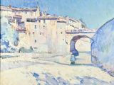 an image of a painting of a village with a bridge