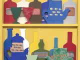 a picture of a picture of a shelf with bottles and vases on it