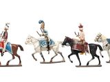 cinq figurines représentant des hommes à cheval sur fond blanc