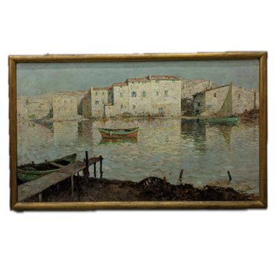 une image d'une peinture de bateaux dans un port avec des bâtiments en arrière-plan