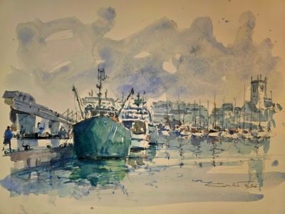 a watercolor painting of a boat in a harbor