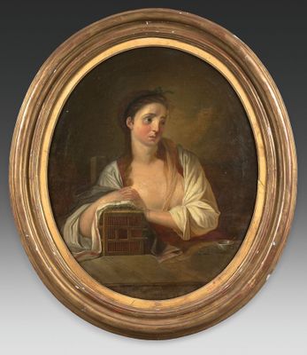a painting of a woman sitting at a table holding a box