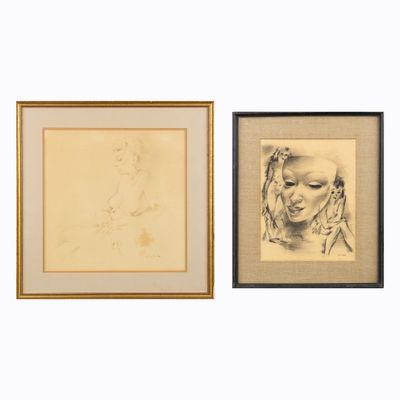 deux dessins encadrés représentant le visage d'une femme et la tête d'un homme