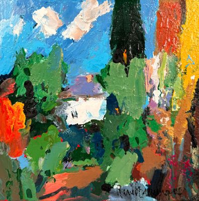une peinture à l'huile représentant un paysage coloré avec des arbres et des bâtiments