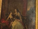 painting of a woman and a child in a room with a red curtain