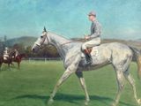 a painting of a man riding a horse in a field