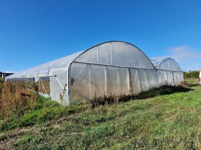 une grande serre au toit transparent par une journée ensoleillée