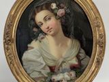 a painting of a woman in a white dress with flowers in her hair