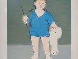un tableau représentant un petit garçon tenant un bâton et un chien blanc