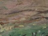 an oil painting of sheep grazing in a field with hills in the background