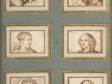 four studies of a man ' s head, a woman ' s head, a lion, a woman ' s head, and a man ' s head