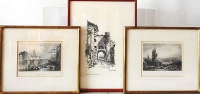 three framed pictures of a castle and a castle with a clock