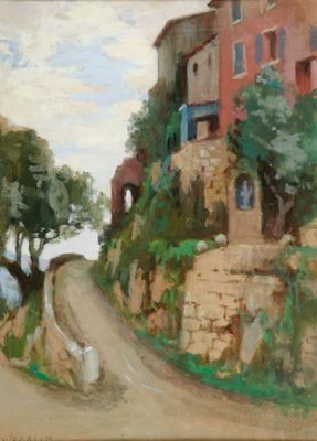 tableau représentant une route de campagne avec une maison et des arbres de chaque côté de la route