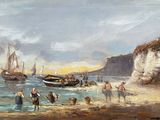 a painting of people on the beach by the water