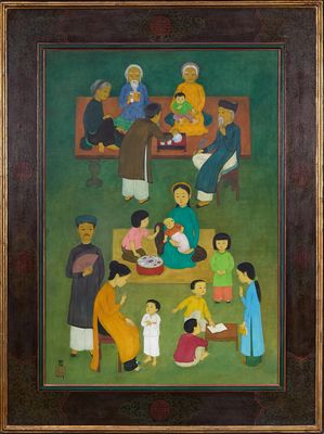 an image of a painting of a group of people sitting on a bench