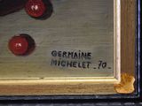 a picture of a painting of cherries on a table