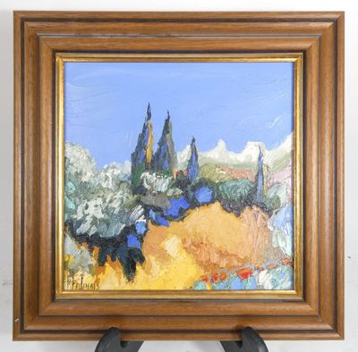 une peinture à l'huile représentant un paysage avec une église à l'arrière-plan