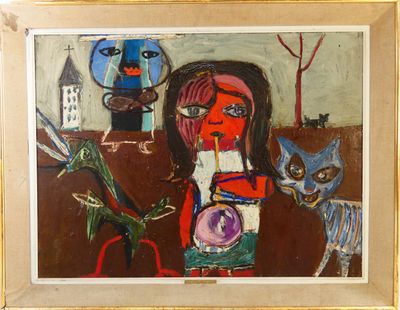 a painting of a woman and a cat in a room