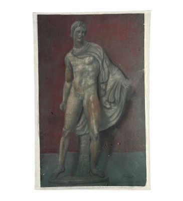 une peinture représentant la statue d'un homme tenant un tissu
