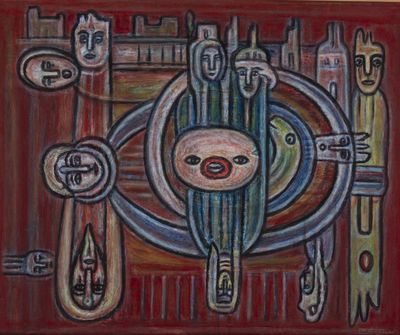 painting of a painting of a group of people with faces on a red background
