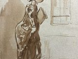 dessin représentant une femme portant un chapeau et tenant un livre à la main