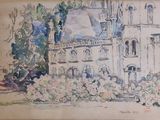 drawing of a large building with a clock tower in the middle of it