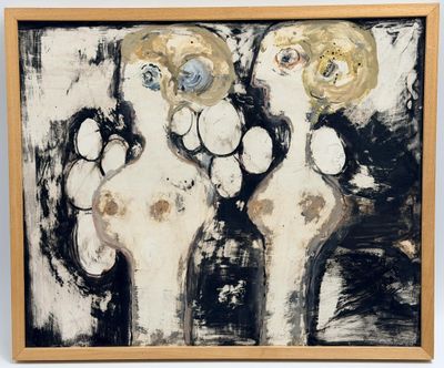 a painting of three vases with flowers in them