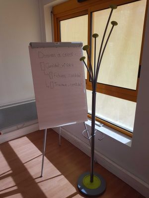 a white board that is on a stand in front of a window