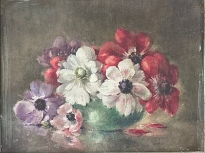 a painting of flowers in a vase on a table