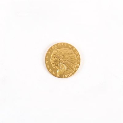 une pièce d'or représentant une tête d'Indien sur un fond blanc