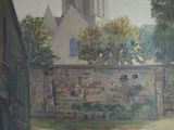a painting of a church with a clock tower in the background