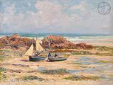 a painting of two boats on the beach near the water