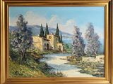 une peinture à l'huile représentant une route de campagne avec une maison et des arbres