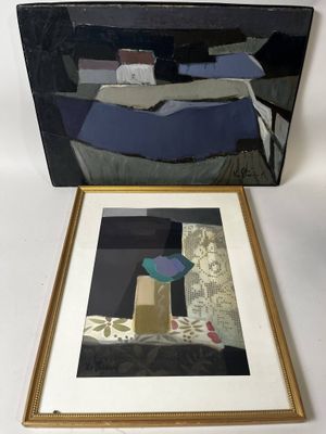 two framed paintings of a bed and a table in a room