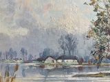 an image of a painting of a river with a tree in the foreground