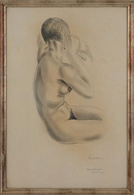 dessin représentant un homme nu assis à genoux, la tête entre les mains