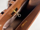 someone is holding a brown purse with a gold handle