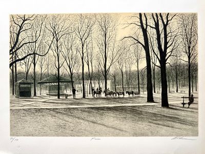 un dessin en noir et blanc représentant des chevaux dans un parc