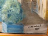 a painting of a blue vase with flowers in it