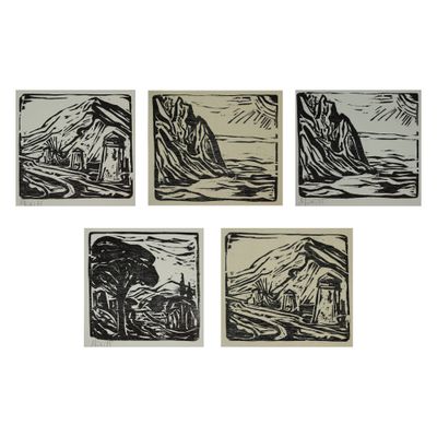 quatre gravures sur bois en noir et blanc représentant un paysage de montagne