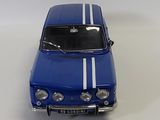 a blue toy car with a white stripe on the front
